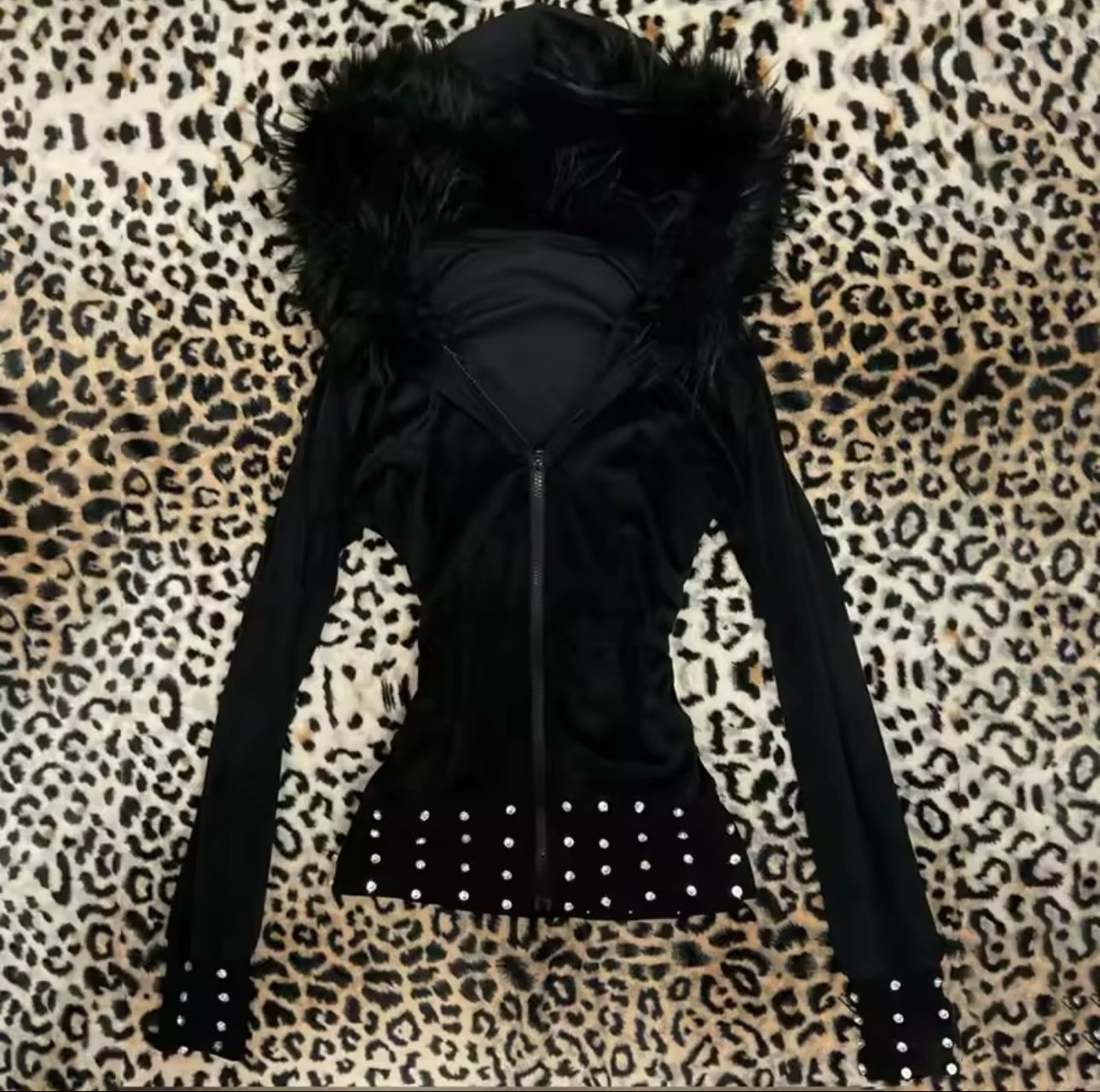 Silver Studded Fur Hood Jumper - Black
