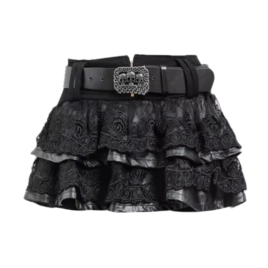 LEATHER LACE SKIRT WITH BELT